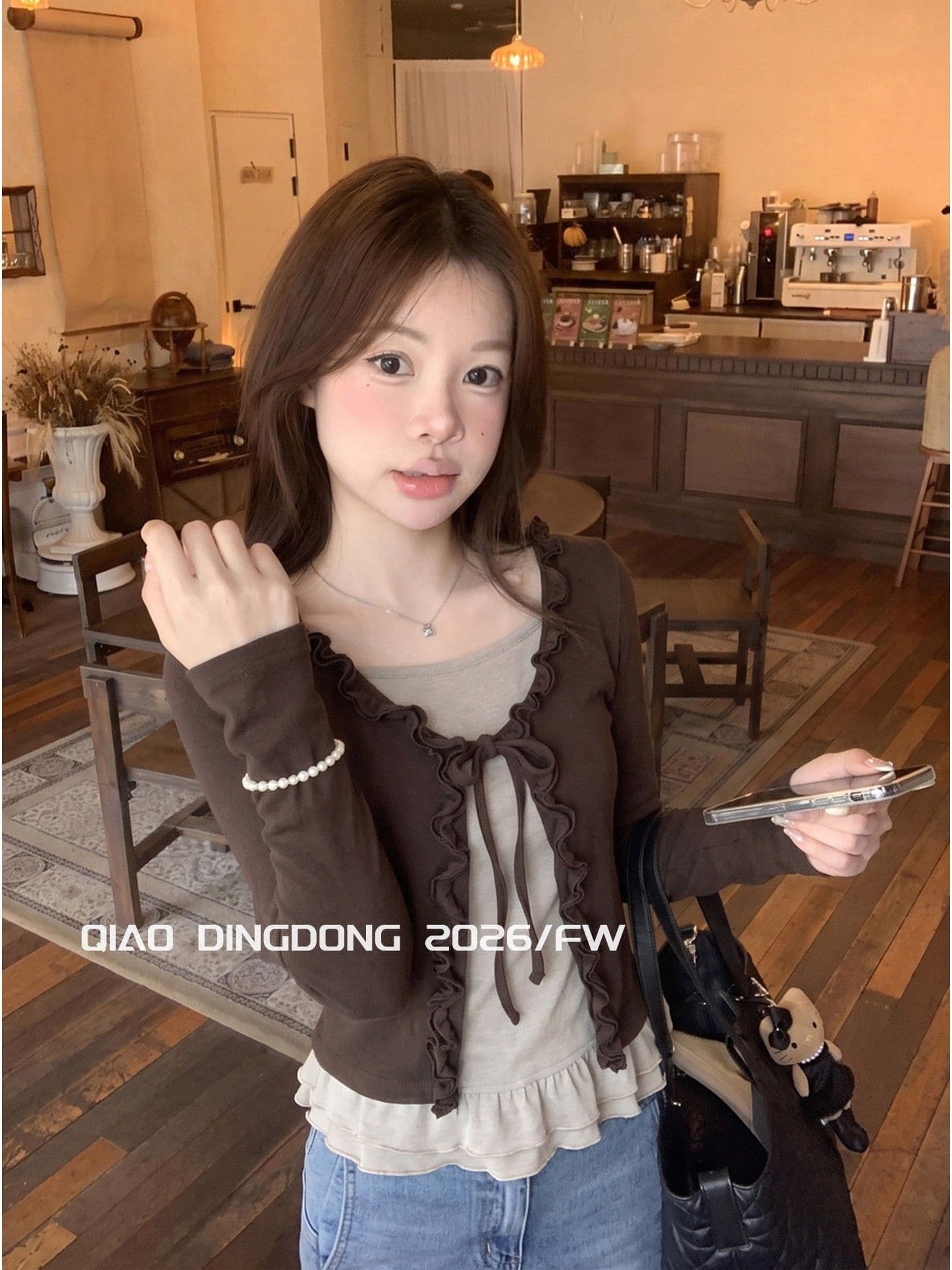 양모 품격 페이크 레이어드 프릴 레이스업 긴팔 티셔츠 여성 조기 가을 새로운 작은 대중 슬림해 보이는 오픈 가디건 맨위 상세 이미지 3