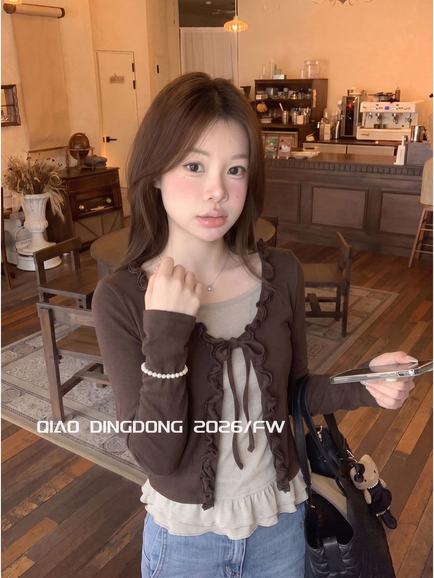 양모 품격 페이크 레이어드 프릴 레이스업 긴팔 티셔츠 여성 조기 가을 새로운 작은 대중 슬림해 보이는 오픈 가디건 맨위 상세 이미지 4
