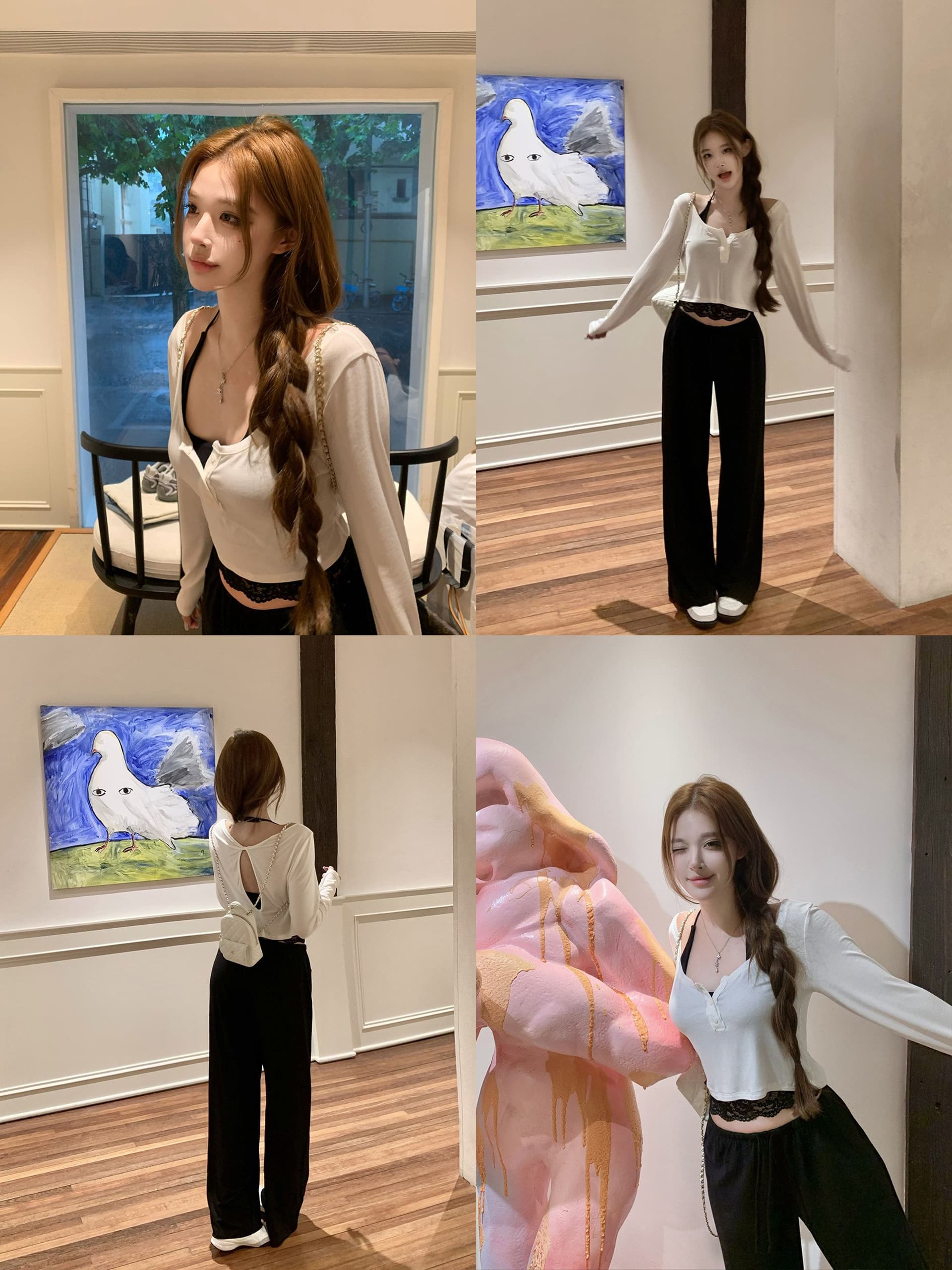 긴팔 티셔츠 레이스 레이스 행침 목 슬립 스트레이트 캐주얼 바지 세트 여성 조기 가을 핫걸 작은 대중 투피스 슈트 이미지 2