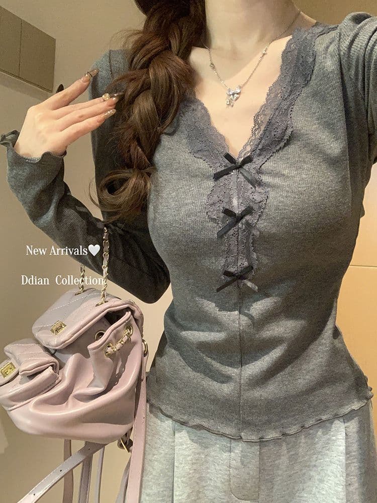 260 그램 사람들 면 모달 달콤한 매운맛 바람 배색 나비 매듭 긴팔 티셔츠 한 부서 몸매 가꾸기 다용도 슬림해 보이는 맨위 상세 이미지 1
