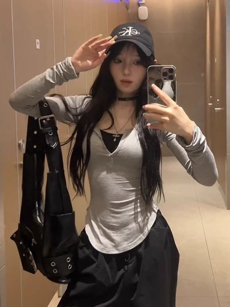 1 1 모달 200그램 디자인 센스 작은 대중 긴팔 티셔츠 달콤한 핫걸 외출용 몸매 가꾸기 슬림해 보이는 인사이드 잡아라. 의류 이미지 3