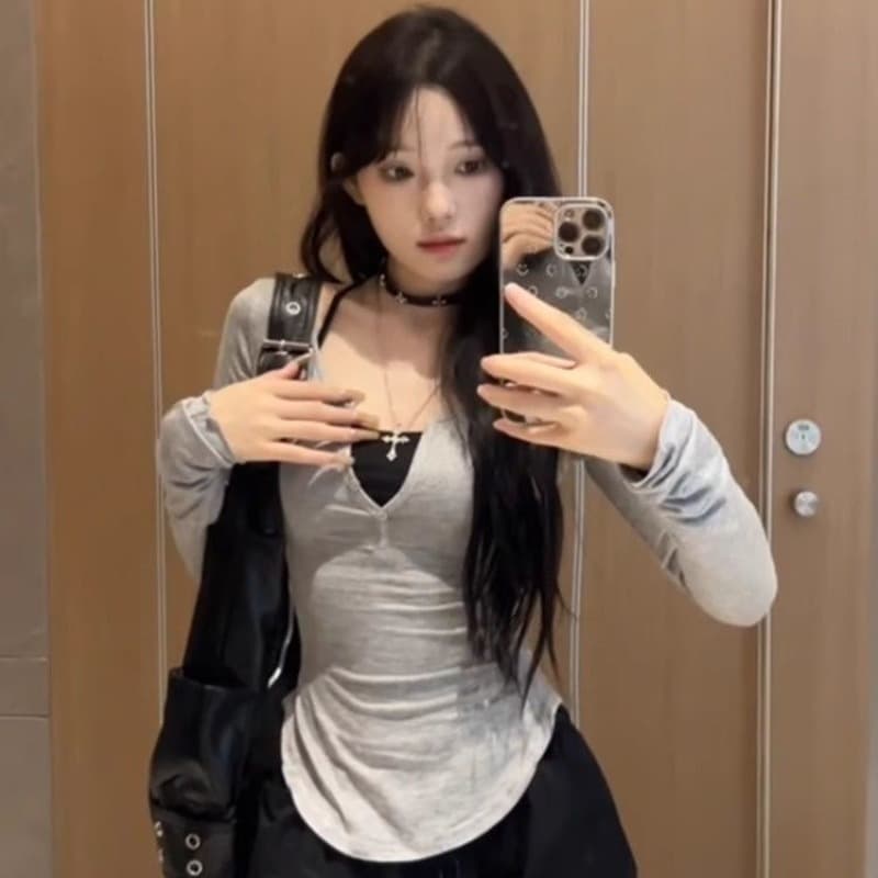 1 1 모달 200그램 디자인 센스 작은 대중 긴팔 티셔츠 달콤한 핫걸 외출용 몸매 가꾸기 슬림해 보이는 인사이드 잡아라. 의류 이미지 5