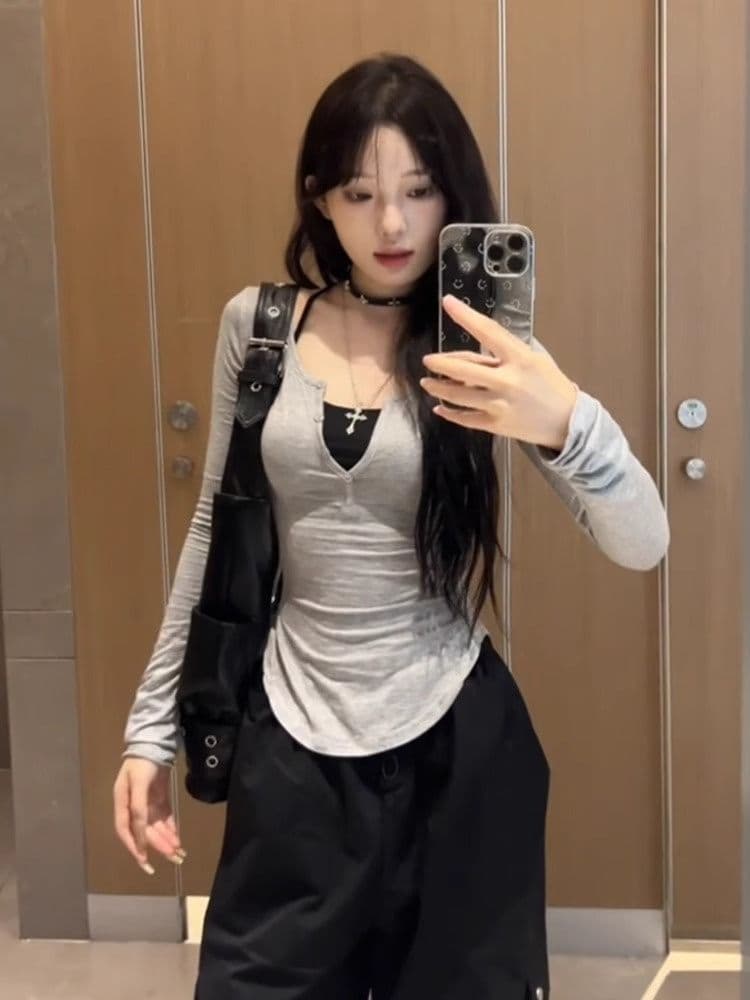 1 1 모달 200그램 디자인 센스 작은 대중 긴팔 티셔츠 달콤한 핫걸 외출용 몸매 가꾸기 슬림해 보이는 인사이드 잡아라. 의류 상세 이미지 1