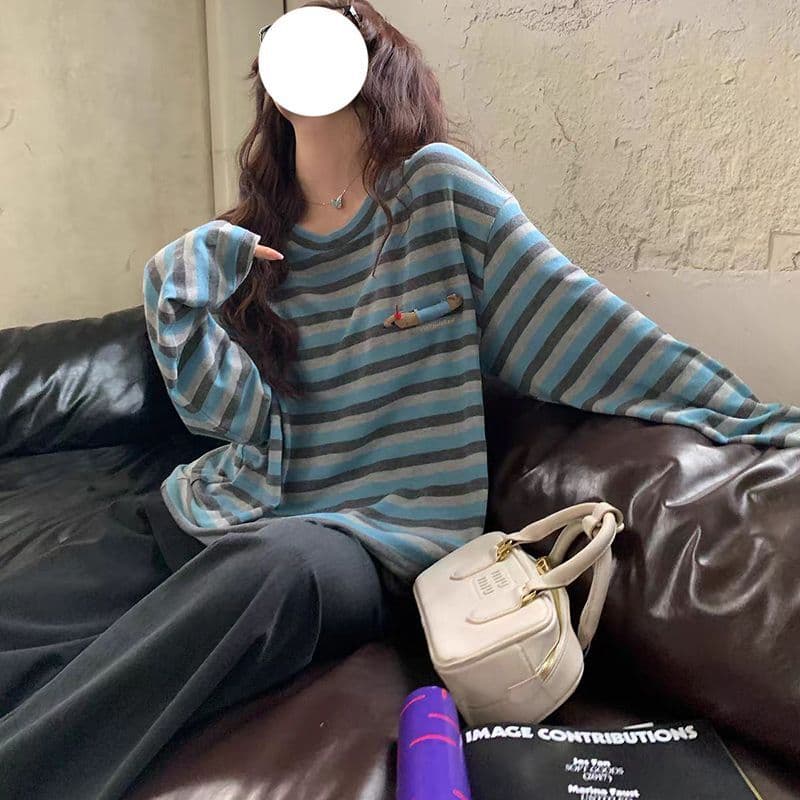원본 원단 원본 솜씨 3 차원 강아지 스트라이프 긴팔 티셔츠 여성 상세 이미지 4