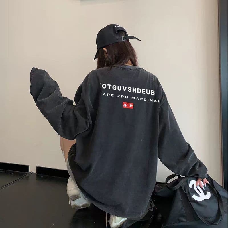 220 그램 순면 워싱 이후 패키지 전후 프린트 마 오래된 긴팔 티셔츠 남녀 상세 이미지 4