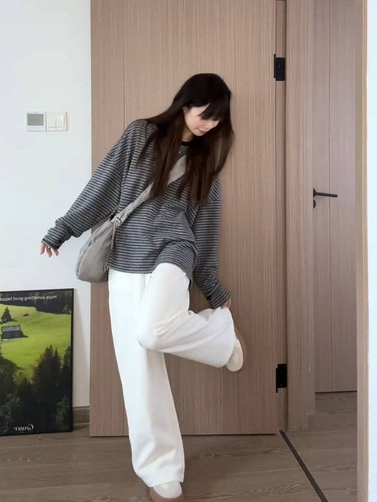 원본 원단 한 부서 세련된 대 핏 스타일 슬림해 보이는 스트라이프 긴팔 라운드 넥 여성 조기 가을 느긋한 바람 루즈핏 맨위 이미지 3