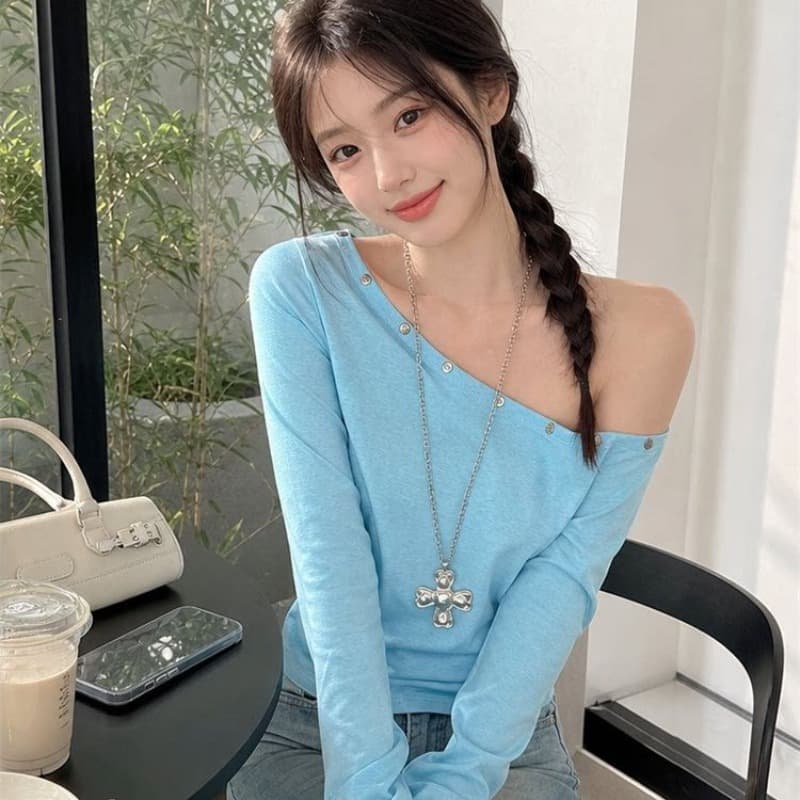 210 그램 두꺼운 주간 생각하기 면 순수한 욕망 바람 징 비스듬한 어깨 검정색 긴팔 티셔츠 여성 가을 몸매 가꾸기 작은 대중 오프숄더 맨위 이미지 5