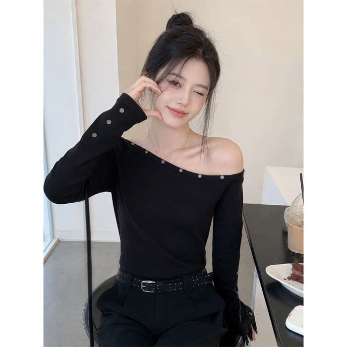 210 그램 두꺼운 주간 생각하기 면 순수한 욕망 바람 징 비스듬한 어깨 검정색 긴팔 티셔츠 여성 가을 몸매 가꾸기 작은 대중 오프숄더 맨위 상세 이미지 5