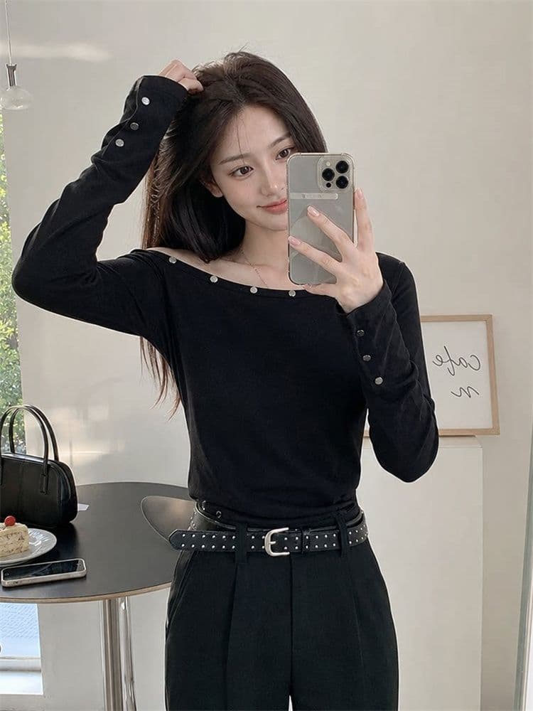 210 그램 두꺼운 주간 생각하기 면 순수한 욕망 바람 징 비스듬한 어깨 검정색 긴팔 티셔츠 여성 가을 몸매 가꾸기 작은 대중 오프숄더 맨위 상세 이미지 12