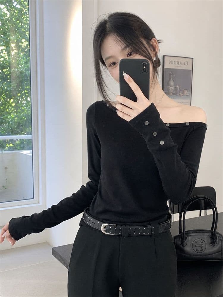210 그램 두꺼운 주간 생각하기 면 순수한 욕망 바람 징 비스듬한 어깨 검정색 긴팔 티셔츠 여성 가을 몸매 가꾸기 작은 대중 오프숄더 맨위 상세 이미지 13