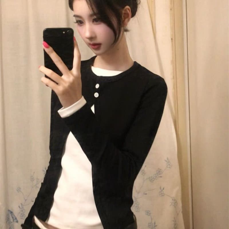 40 순면 한 스타일 배색 페이크 레이어드 긴팔 티셔츠 여성 가을 미니멀리즘 디자인 센스 몸매 가꾸기 슬림해 보이는 품격 맨위 이미지 5