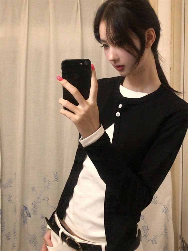 40 순면 한 스타일 배색 페이크 레이어드 긴팔 티셔츠 여성 가을 미니멀리즘 디자인 센스 몸매 가꾸기 슬림해 보이는 품격 맨위 상세 이미지 5
