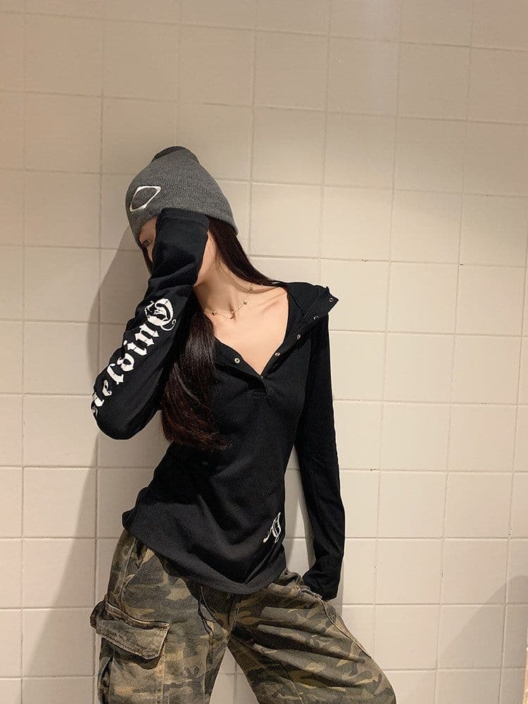원본 품질 블라우스 여성 아메리칸 펑크 긴팔 후드 티셔츠 가을 몸매 가꾸기 Tulle 만나는 맨위 이미지 2