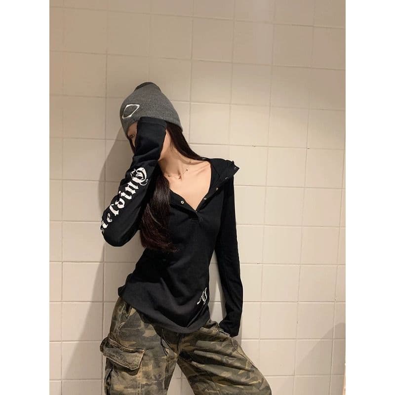 원본 품질 블라우스 여성 아메리칸 펑크 긴팔 후드 티셔츠 가을 몸매 가꾸기 Tulle 만나는 맨위 상세 이미지 5