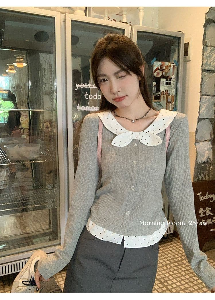 페이크 레이어드 레이스업 나비 매듭 도트 무늬 기본 셔츠 여성 가을 겨울 인사이드 가져 가라. 작은 키 몸매 가꾸기 슬림해 보이는 맨위 상세 이미지 3