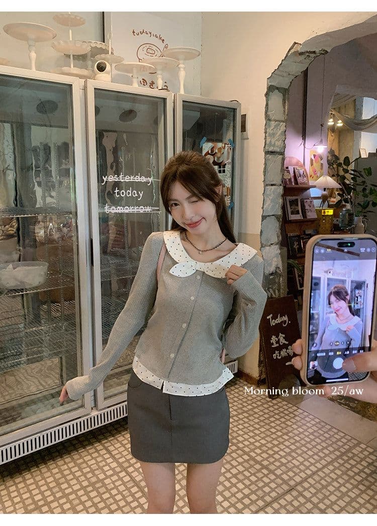 페이크 레이어드 레이스업 나비 매듭 도트 무늬 기본 셔츠 여성 가을 겨울 인사이드 가져 가라. 작은 키 몸매 가꾸기 슬림해 보이는 맨위 상세 이미지 4