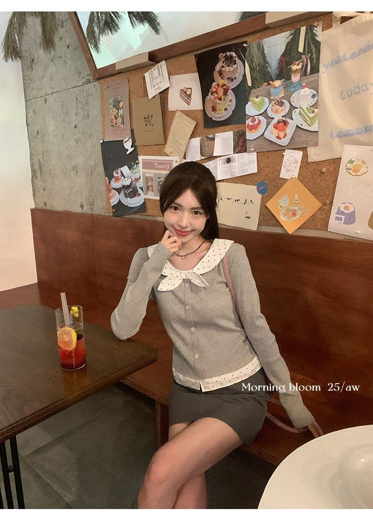 페이크 레이어드 레이스업 나비 매듭 도트 무늬 기본 셔츠 여성 가을 겨울 인사이드 가져 가라. 작은 키 몸매 가꾸기 슬림해 보이는 맨위 상세 이미지 7