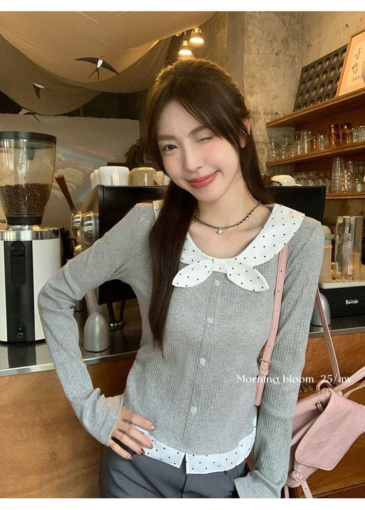 페이크 레이어드 레이스업 나비 매듭 도트 무늬 기본 셔츠 여성 가을 겨울 인사이드 가져 가라. 작은 키 몸매 가꾸기 슬림해 보이는 맨위 상세 이미지 9