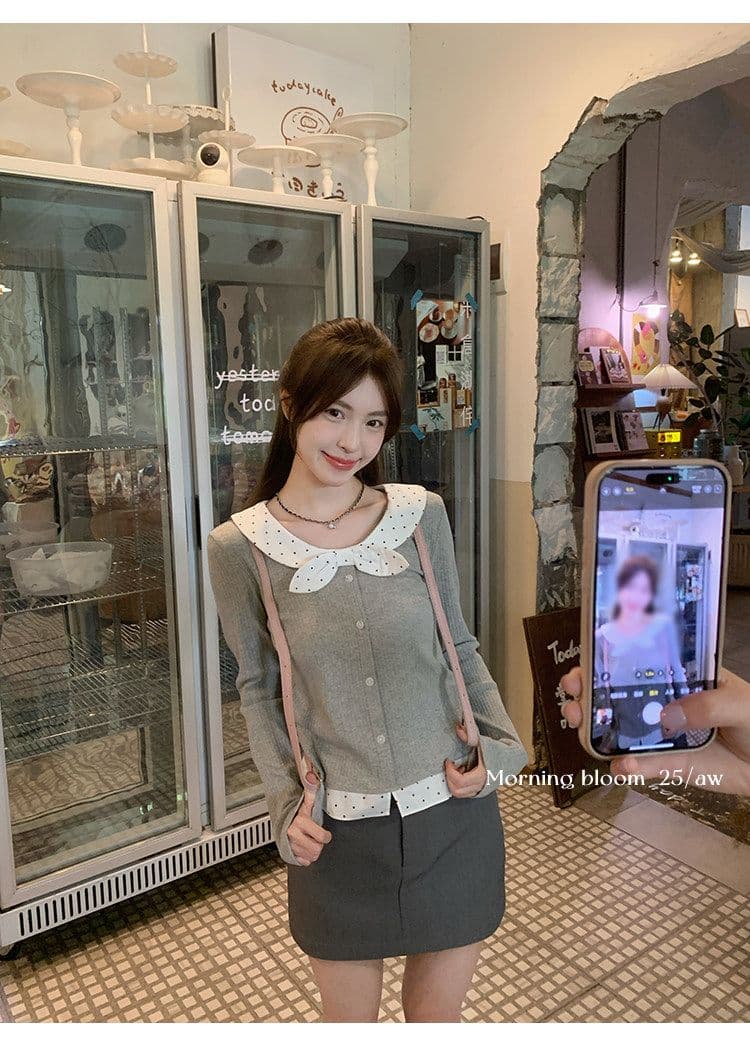 페이크 레이어드 레이스업 나비 매듭 도트 무늬 기본 셔츠 여성 가을 겨울 인사이드 가져 가라. 작은 키 몸매 가꾸기 슬림해 보이는 맨위 상세 이미지 11