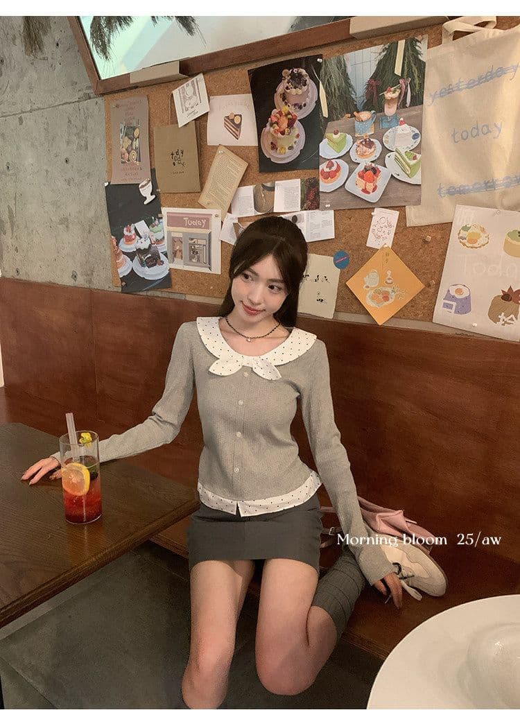 페이크 레이어드 레이스업 나비 매듭 도트 무늬 기본 셔츠 여성 가을 겨울 인사이드 가져 가라. 작은 키 몸매 가꾸기 슬림해 보이는 맨위 상세 이미지 12