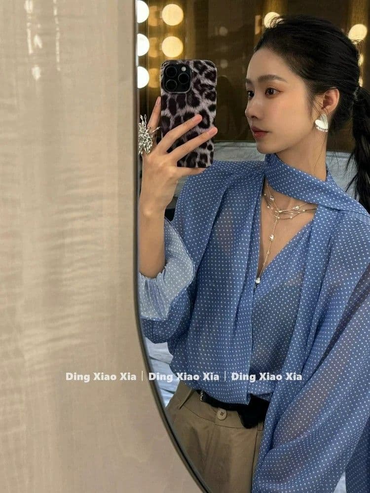 한 부서 파란색 V넥 도트 무늬 여성 셔츠 이른 가을 순수한 욕망 바람 품격 루즈핏 캐주얼 슬림해 보이는 긴팔 다용도 맨위