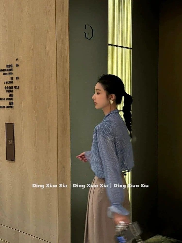 한 부서 파란색 V넥 도트 무늬 여성 셔츠 이른 가을 순수한 욕망 바람 품격 루즈핏 캐주얼 슬림해 보이는 긴팔 다용도 맨위 이미지 3