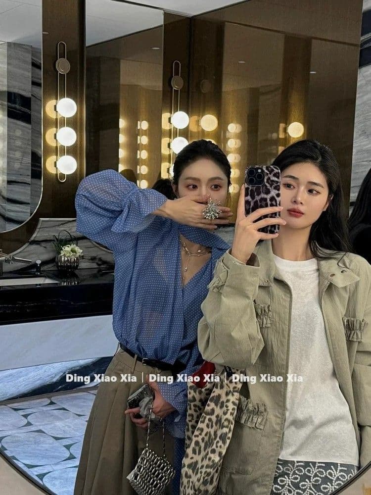 한 부서 파란색 V넥 도트 무늬 여성 셔츠 이른 가을 순수한 욕망 바람 품격 루즈핏 캐주얼 슬림해 보이는 긴팔 다용도 맨위 상세 이미지 6