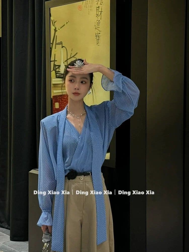 한 부서 파란색 V넥 도트 무늬 여성 셔츠 이른 가을 순수한 욕망 바람 품격 루즈핏 캐주얼 슬림해 보이는 긴팔 다용도 맨위 상세 이미지 10