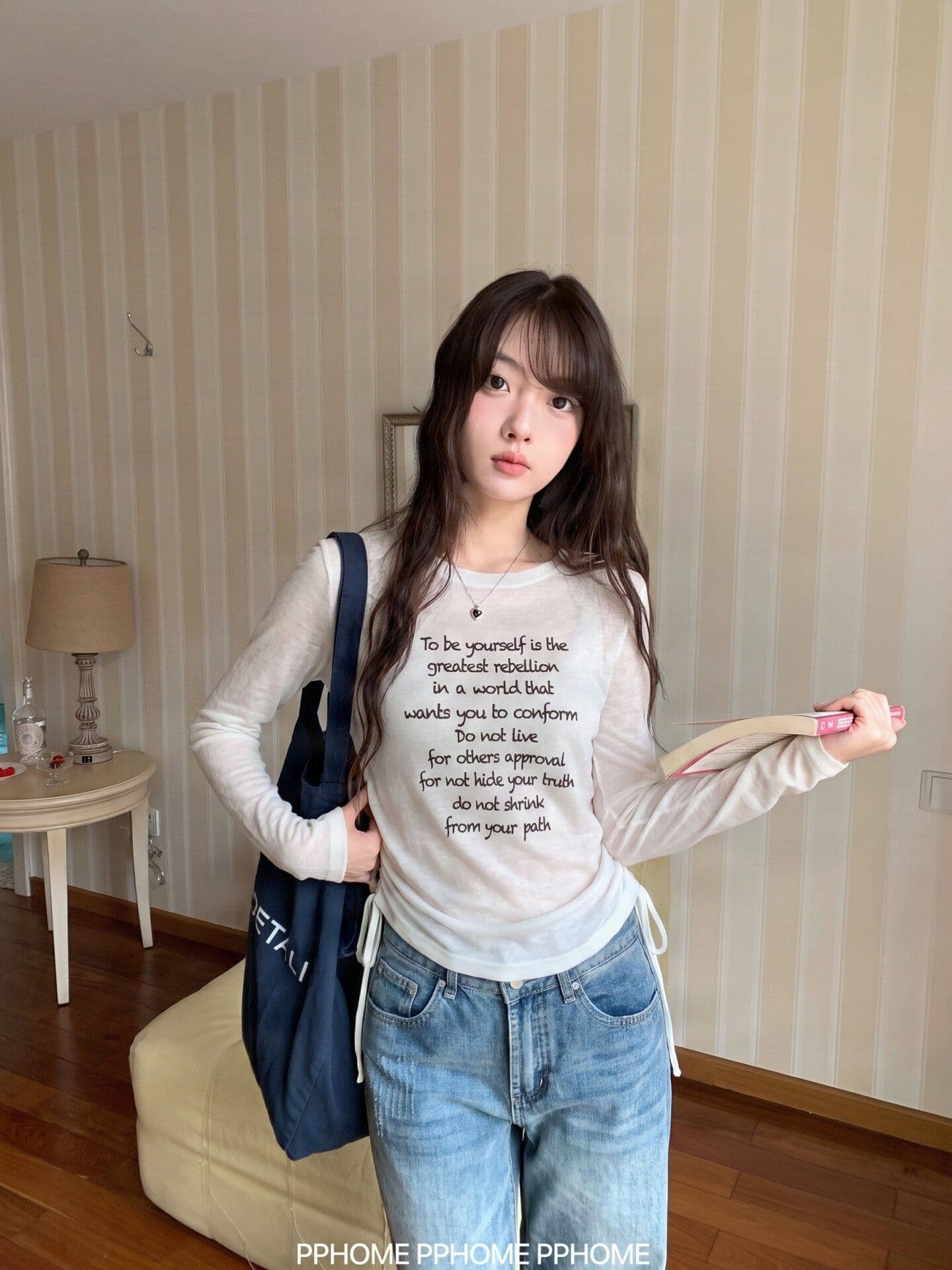 사람들 면 산소 느슨함 디자인 레이스업 펌프 로프 알파벳 프린트 긴팔 티셔츠 허리 수축 슬림해 보이는 맨위 상세 이미지 4