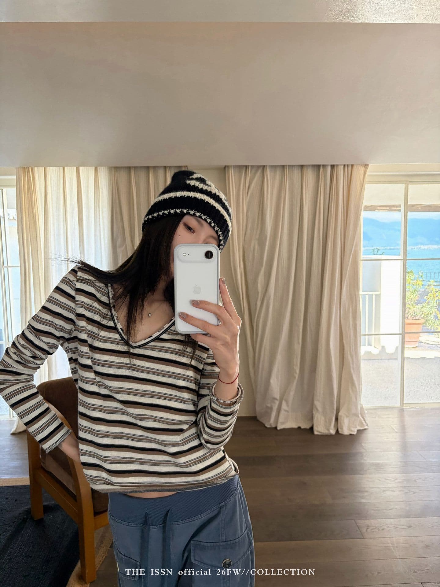 닝 부문 V넥 배색 스트라이프 긴팔 티셔츠 여성 가을 새로운 한 부서 몸매 가꾸기 슬림해 보이는 캐주얼 다용도 맨위 상세 이미지 9