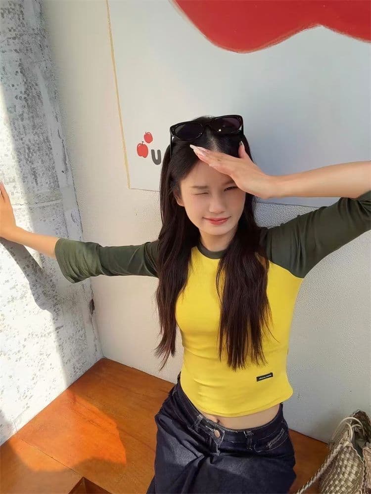 40 순면 이른 가을 배색 몸매 가꾸기 슬림해 보이는 다용도 긴팔 라운드 넥 만나는 티셔츠 디자인 센스 작은 대중 맨위 여성 상세 이미지 1