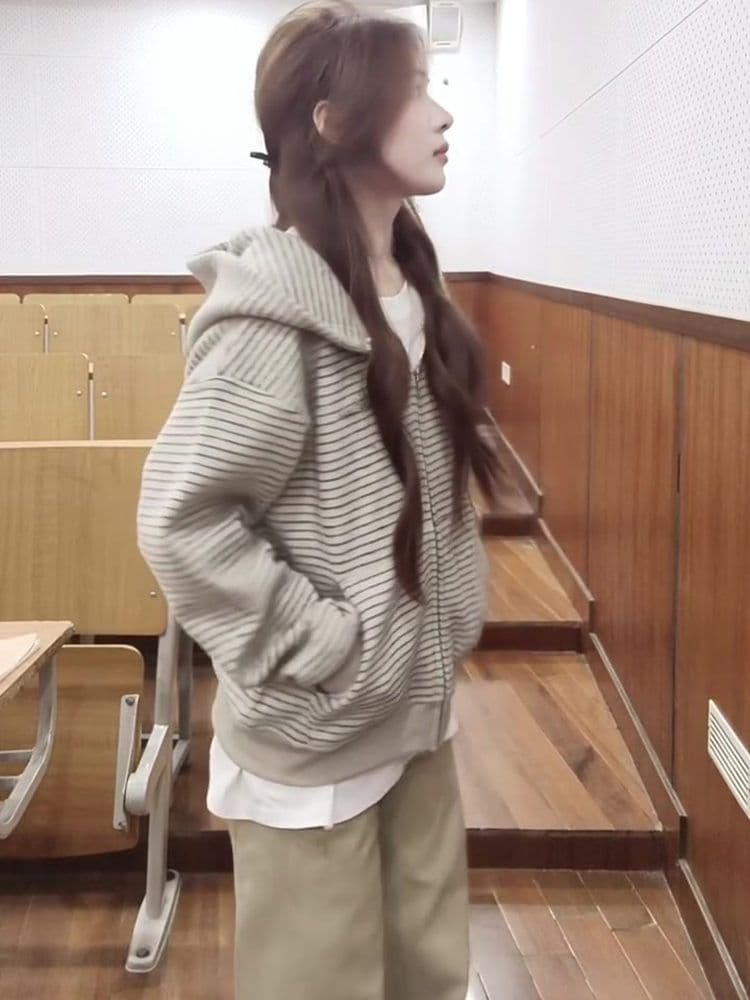 원본 품질 플러시 기사 복합 후드 티 스웨터 여성 코트 가을 느긋한 바람 루즈핏 스트라이프 배색 상세 이미지 3