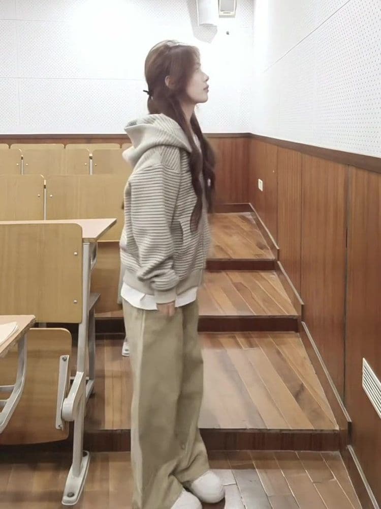 원본 품질 플러시 기사 복합 후드 티 스웨터 여성 코트 가을 느긋한 바람 루즈핏 스트라이프 배색 상세 이미지 4