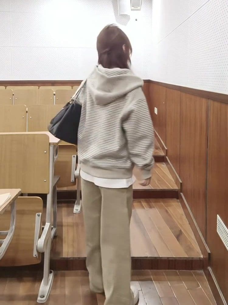 원본 품질 플러시 기사 복합 후드 티 스웨터 여성 코트 가을 느긋한 바람 루즈핏 스트라이프 배색 상세 이미지 5