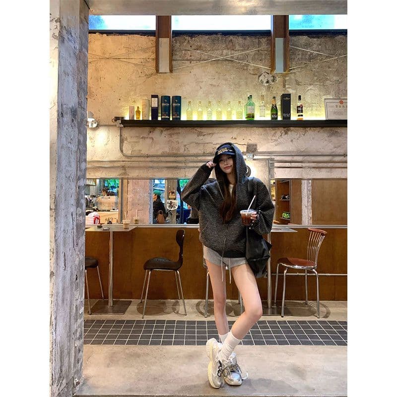 원본 품질 플러시 기사 복합 후드 티 스웨터 여성 코트 가을 느긋한 바람 루즈핏 스트라이프 배색 상세 이미지 6