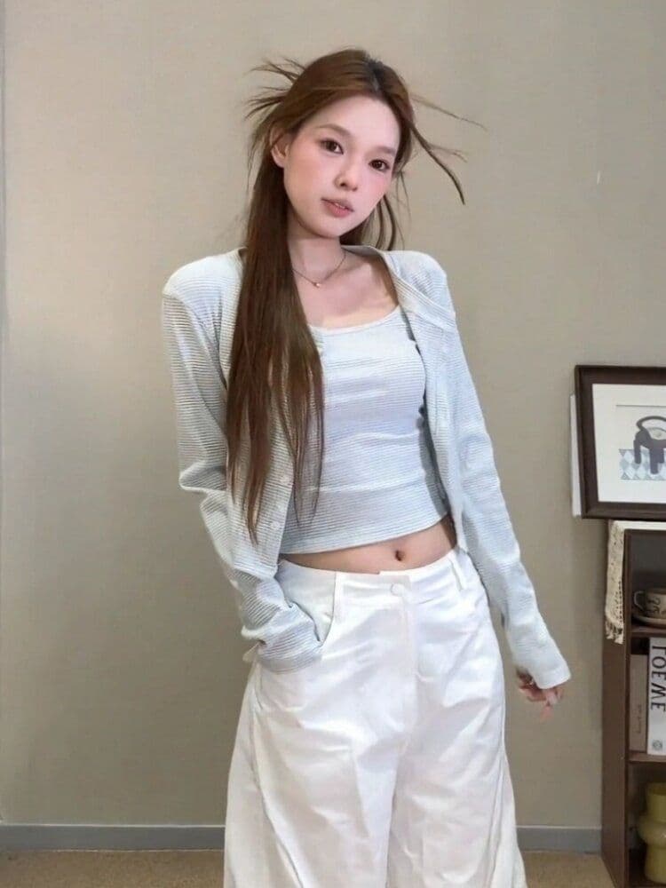 원본 품질 한 부서 스트라이프 조끼 긴팔 검정색 오픈 가디건 티셔츠 투피스 세트 맨위 여성 봄 가을 상세 이미지 5
