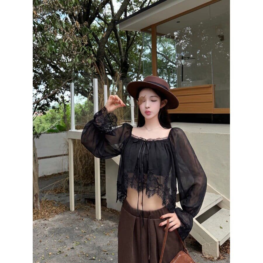 원본 품질 레이스 측면 패치워크 광장 칼라 나팔 긴팔 쉬폰 블라우스 가을 부드러운 쇼트 스타일 인형 셔츠 맨위 이미지 4