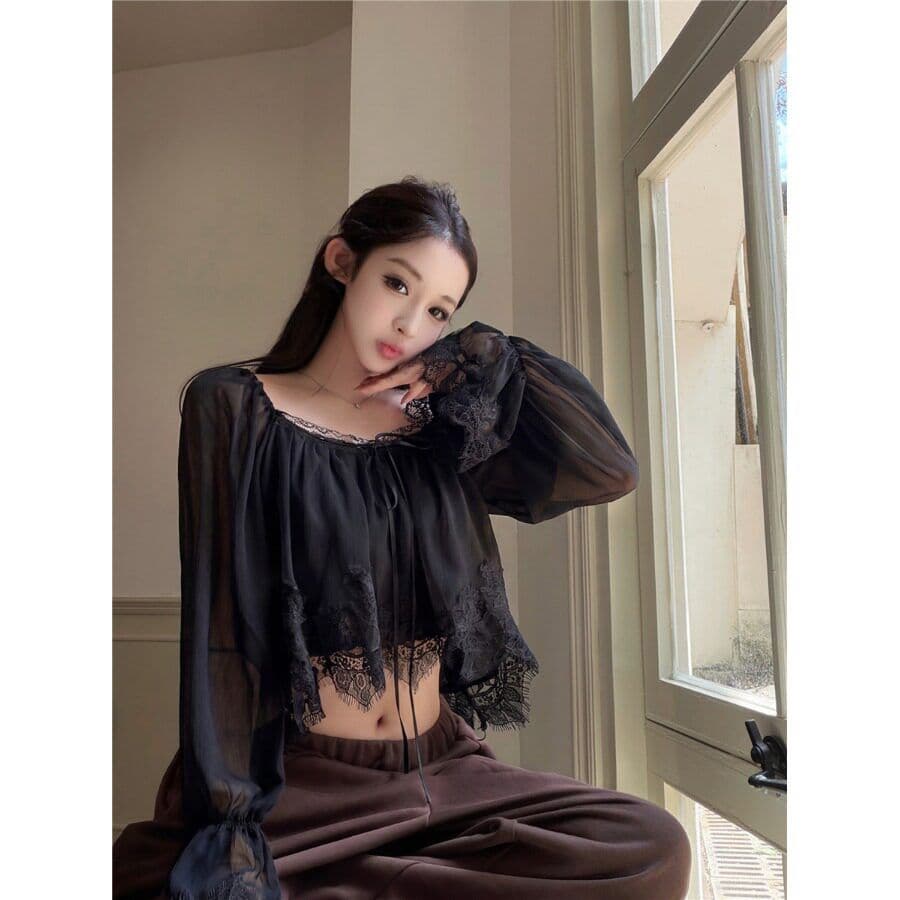 원본 품질 레이스 측면 패치워크 광장 칼라 나팔 긴팔 쉬폰 블라우스 가을 부드러운 쇼트 스타일 인형 셔츠 맨위 이미지 5