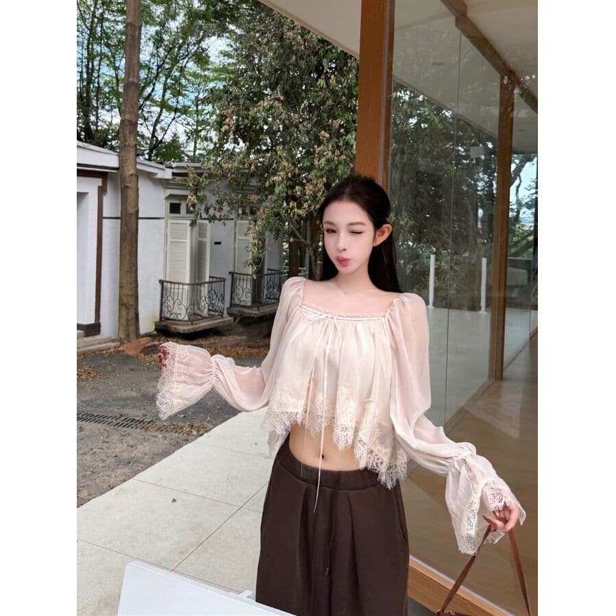 원본 품질 레이스 측면 패치워크 광장 칼라 나팔 긴팔 쉬폰 블라우스 가을 부드러운 쇼트 스타일 인형 셔츠 맨위 이미지 2