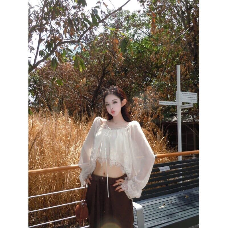 원본 품질 레이스 측면 패치워크 광장 칼라 나팔 긴팔 쉬폰 블라우스 가을 부드러운 쇼트 스타일 인형 셔츠 맨위 이미지 3