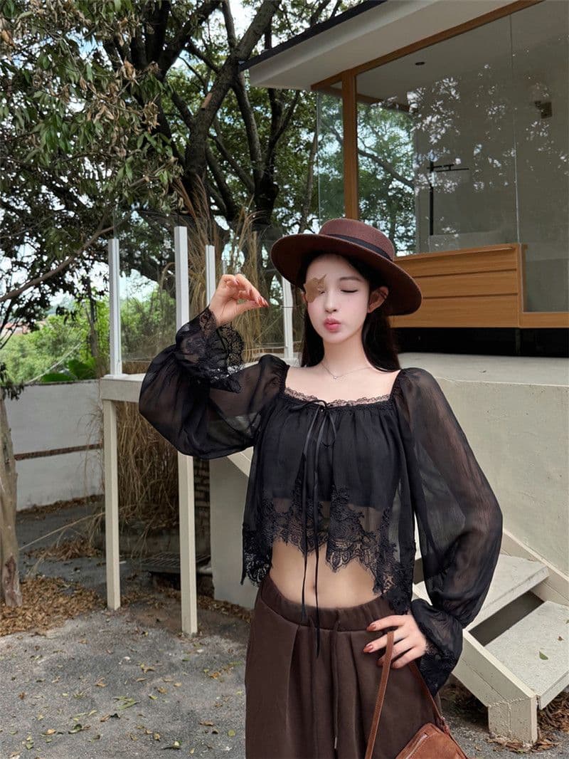 원본 품질 레이스 측면 패치워크 광장 칼라 나팔 긴팔 쉬폰 블라우스 가을 부드러운 쇼트 스타일 인형 셔츠 맨위 상세 이미지 4