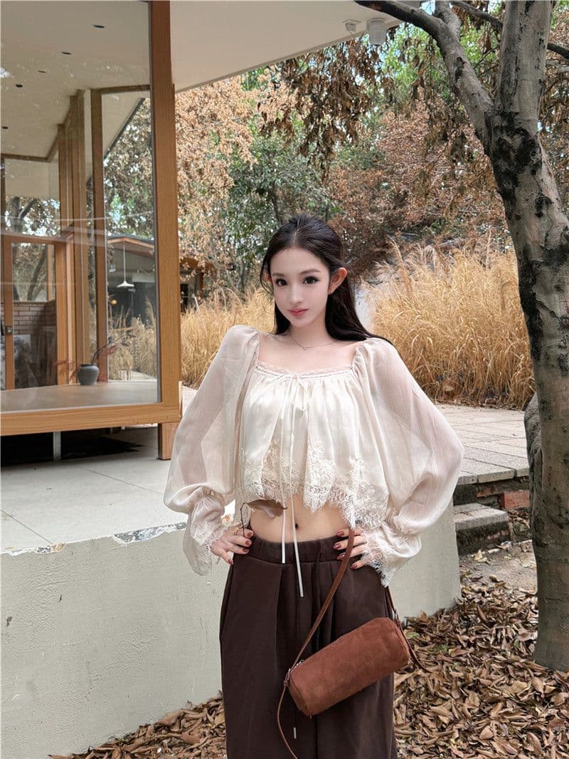 원본 품질 레이스 측면 패치워크 광장 칼라 나팔 긴팔 쉬폰 블라우스 가을 부드러운 쇼트 스타일 인형 셔츠 맨위 상세 이미지 5