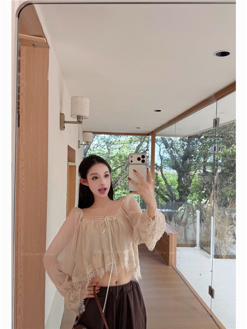 원본 품질 레이스 측면 패치워크 광장 칼라 나팔 긴팔 쉬폰 블라우스 가을 부드러운 쇼트 스타일 인형 셔츠 맨위 상세 이미지 7