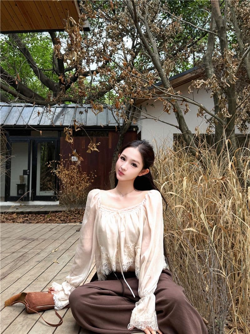 원본 품질 레이스 측면 패치워크 광장 칼라 나팔 긴팔 쉬폰 블라우스 가을 부드러운 쇼트 스타일 인형 셔츠 맨위 상세 이미지 8