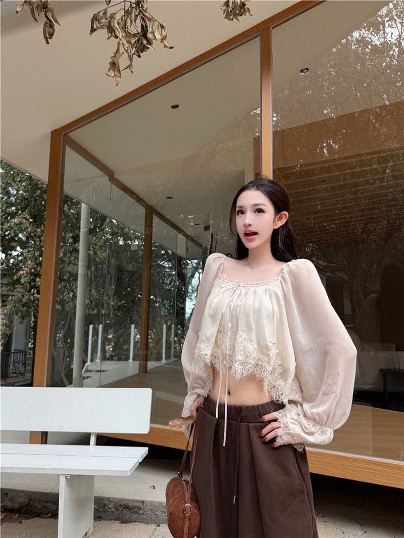 원본 품질 레이스 측면 패치워크 광장 칼라 나팔 긴팔 쉬폰 블라우스 가을 부드러운 쇼트 스타일 인형 셔츠 맨위 상세 이미지 10