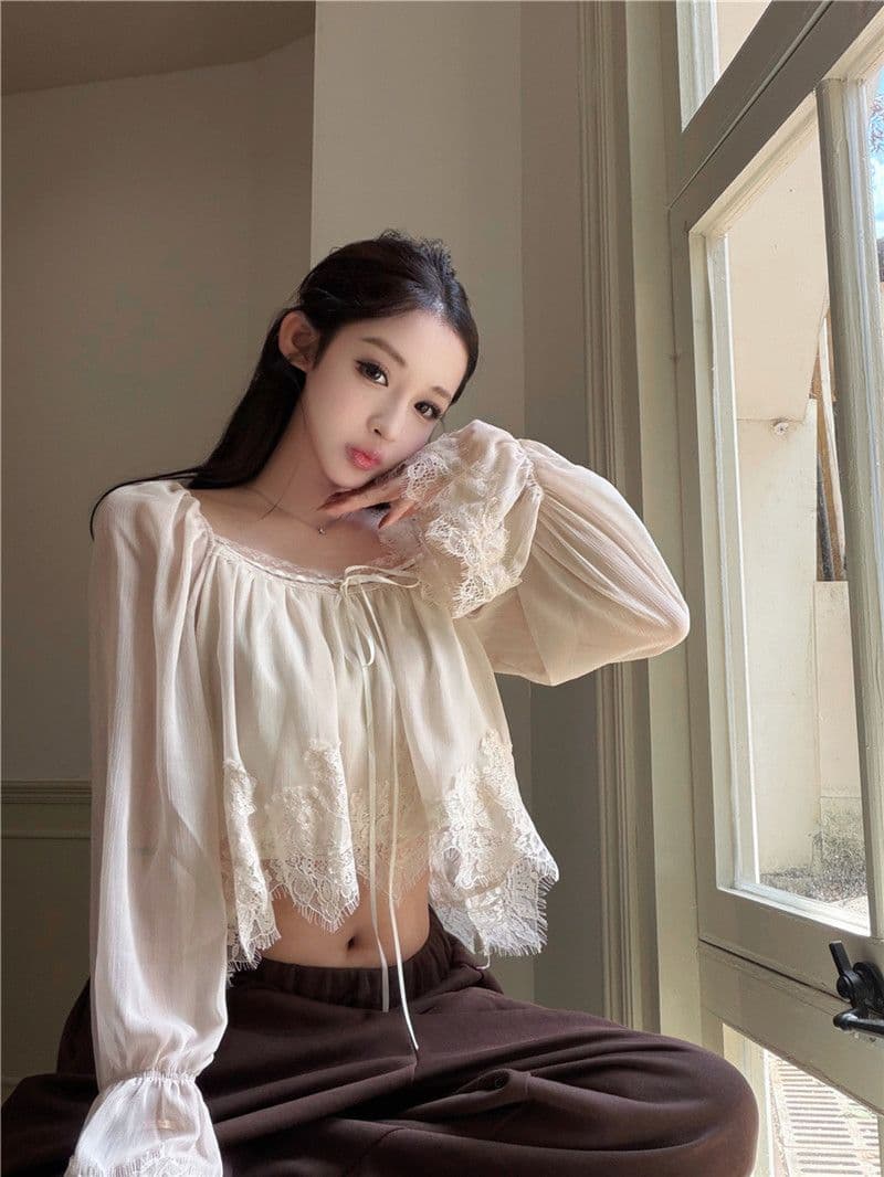 원본 품질 레이스 측면 패치워크 광장 칼라 나팔 긴팔 쉬폰 블라우스 가을 부드러운 쇼트 스타일 인형 셔츠 맨위 상세 이미지 12