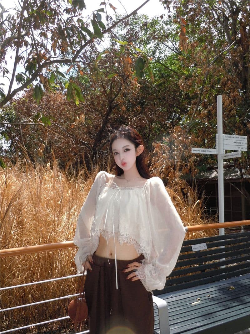 원본 품질 레이스 측면 패치워크 광장 칼라 나팔 긴팔 쉬폰 블라우스 가을 부드러운 쇼트 스타일 인형 셔츠 맨위 상세 이미지 14