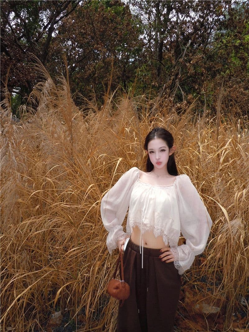 원본 품질 레이스 측면 패치워크 광장 칼라 나팔 긴팔 쉬폰 블라우스 가을 부드러운 쇼트 스타일 인형 셔츠 맨위 상세 이미지 16