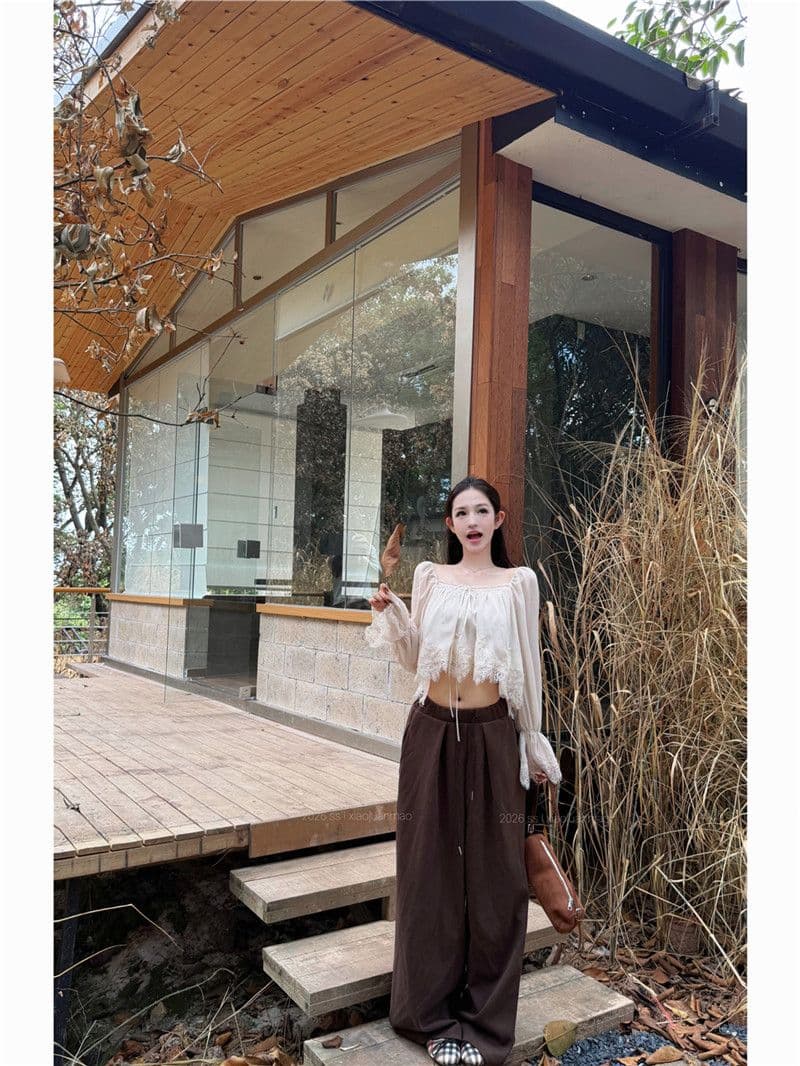 원본 품질 레이스 측면 패치워크 광장 칼라 나팔 긴팔 쉬폰 블라우스 가을 부드러운 쇼트 스타일 인형 셔츠 맨위 상세 이미지 18