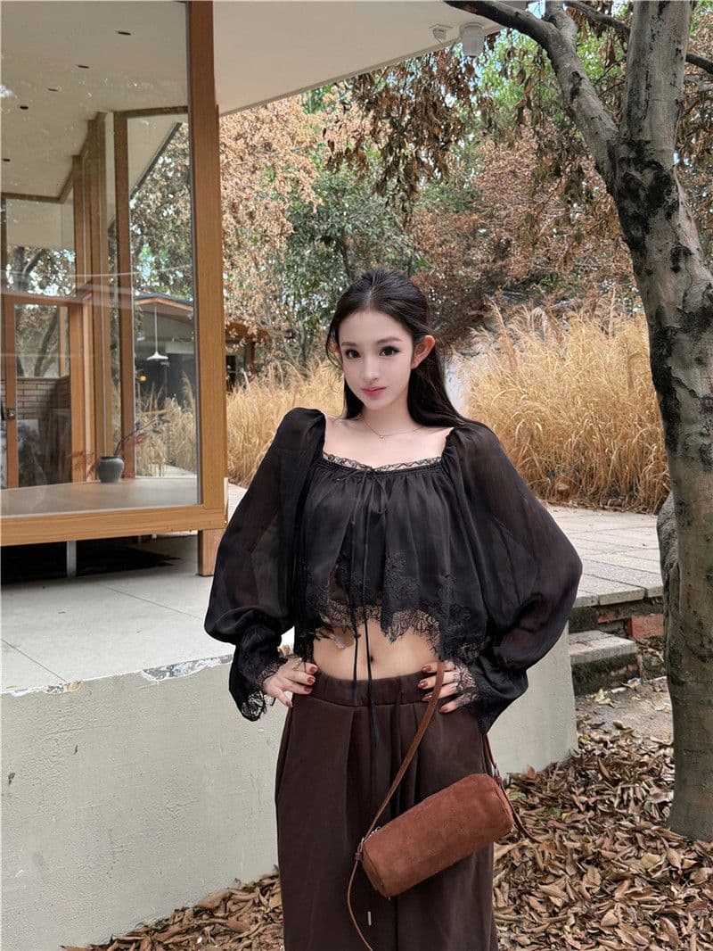 원본 품질 레이스 측면 패치워크 광장 칼라 나팔 긴팔 쉬폰 블라우스 가을 부드러운 쇼트 스타일 인형 셔츠 맨위 상세 이미지 20